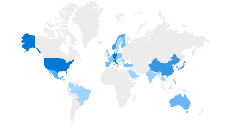 A map showing non-English-speaking Google Calendar Archiver installs dominate worldwide.