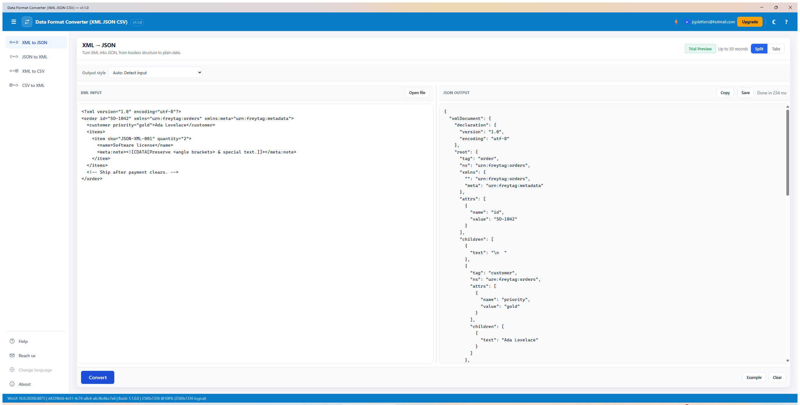 Data Format Converter XML to JSON screen