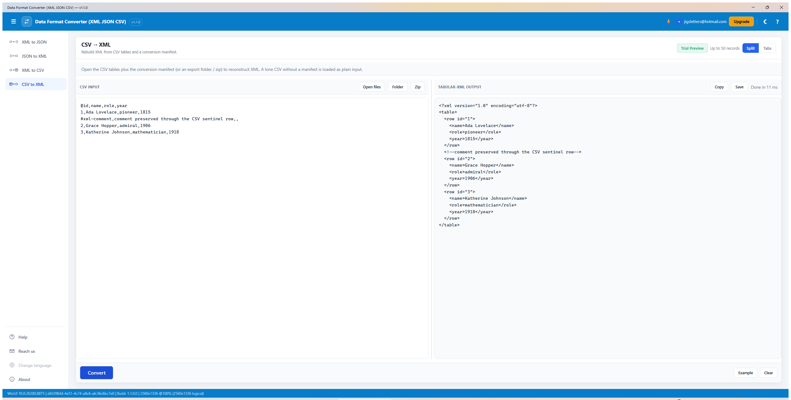 Data Format Converter CSV to XML screen