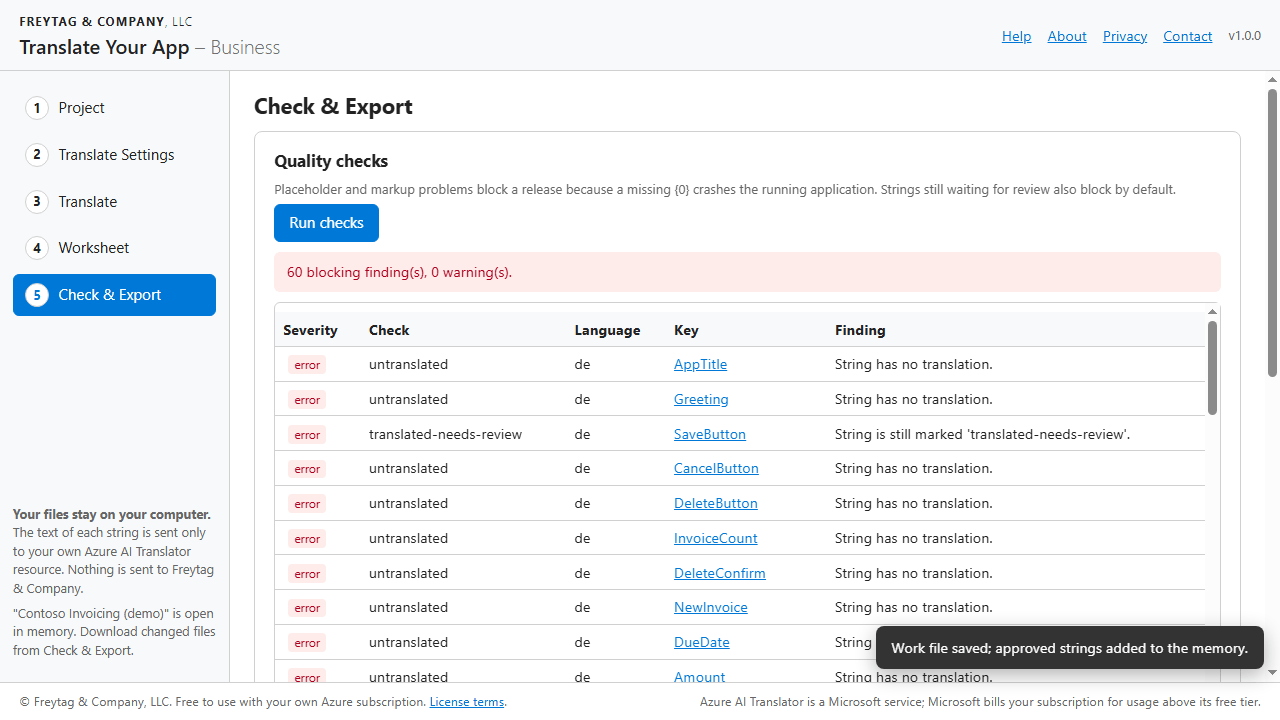 Check and Export: quality findings and the export of translated resource files