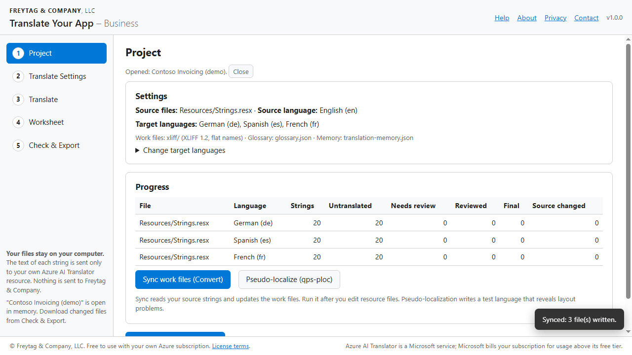 Project step: the demo project synced, showing twenty strings per language