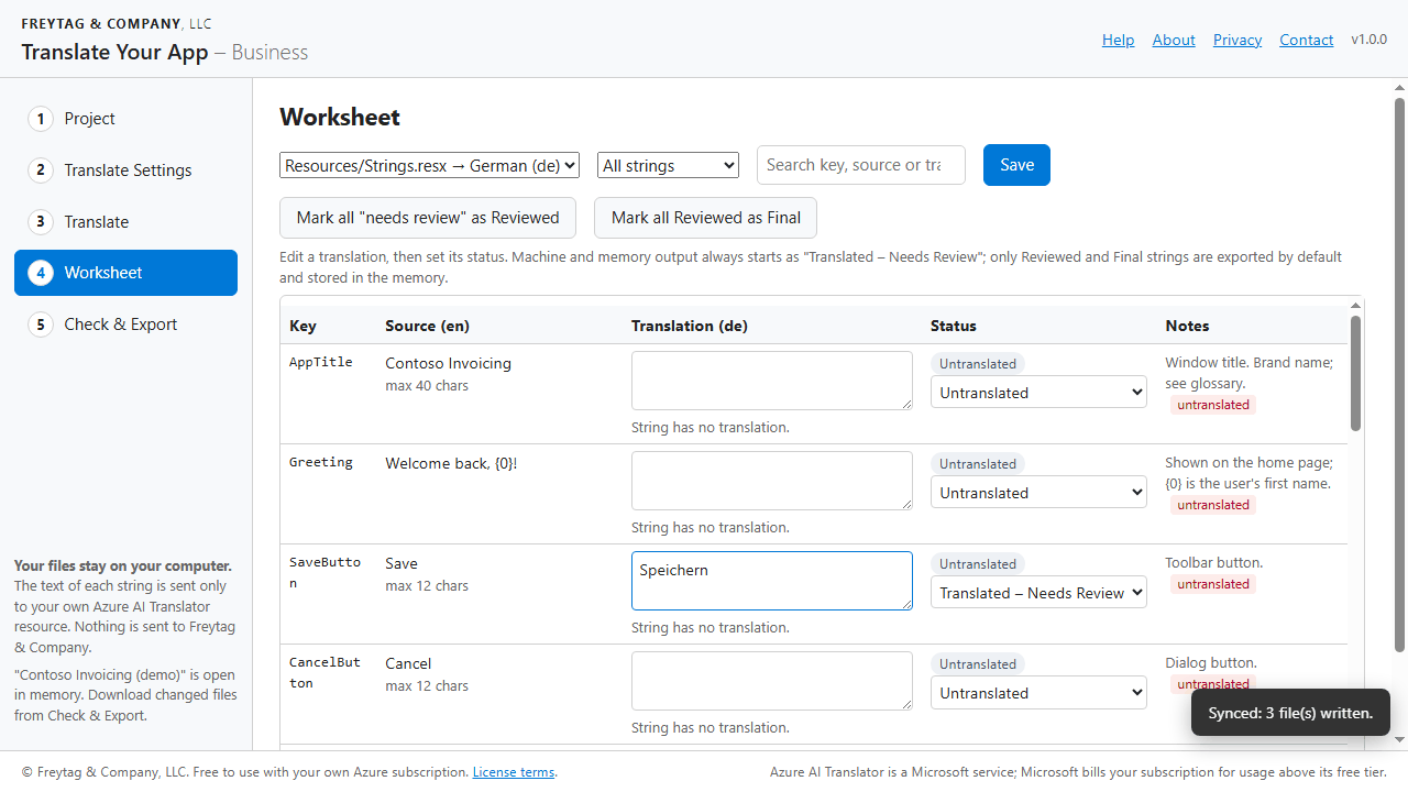 Worksheet: source text, editable translation, status and notes for every string