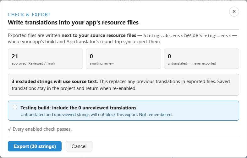The Check and Export dialog showing 21 approved strings, none awaiting review and none untranslated, with every enabled check passing.