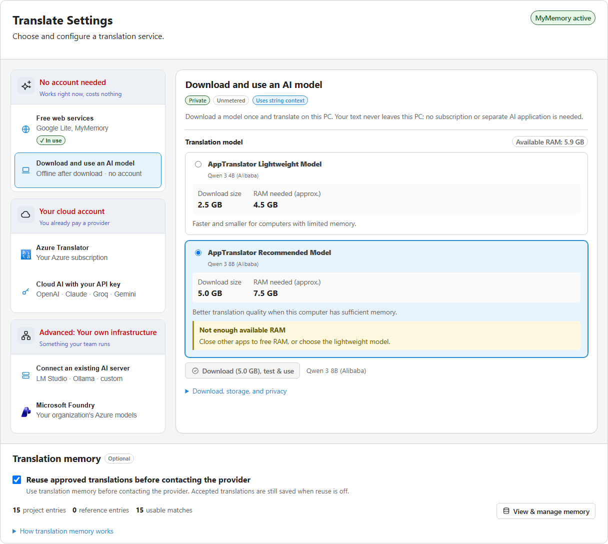Translate Settings with the on-PC AI model pane: a Lightweight and a Recommended model with their download size and memory needs.